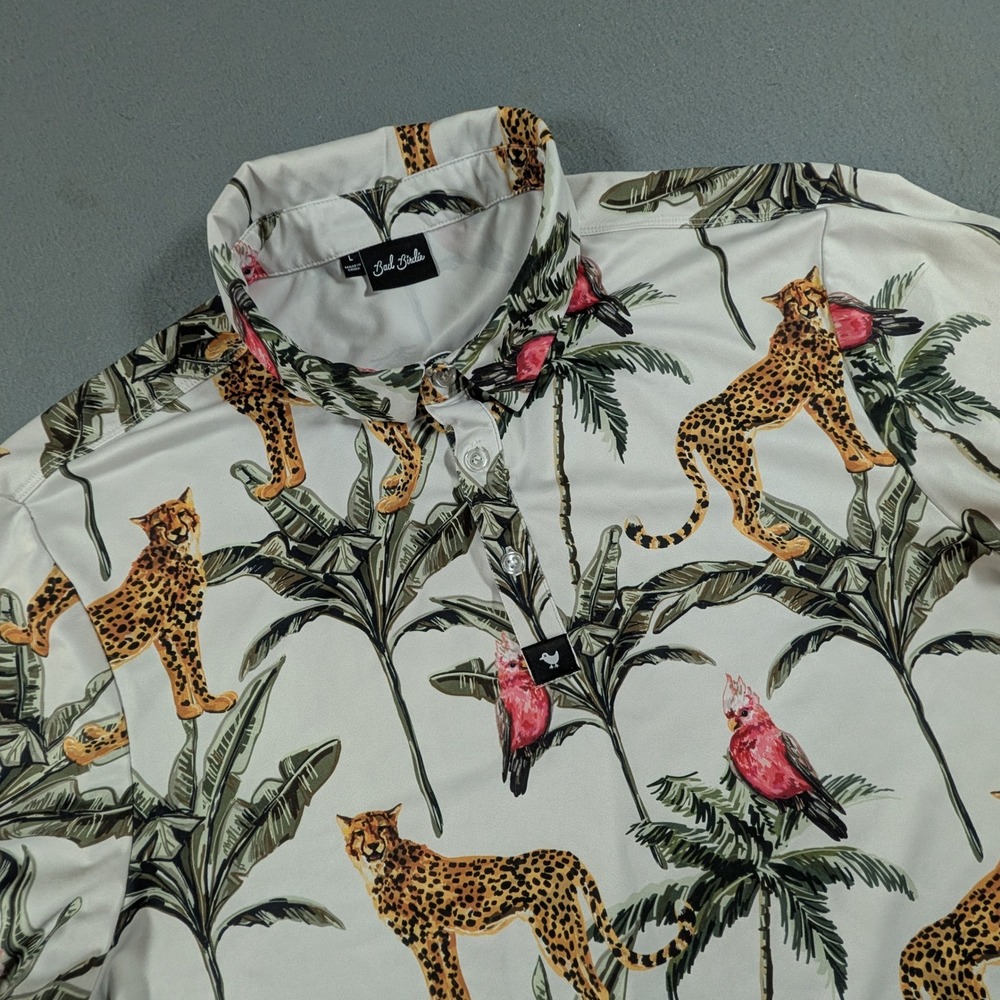 Bad Birdie Golf Polo‎ Shirt Mens Large Cheetah Cockatoo Tropical Print